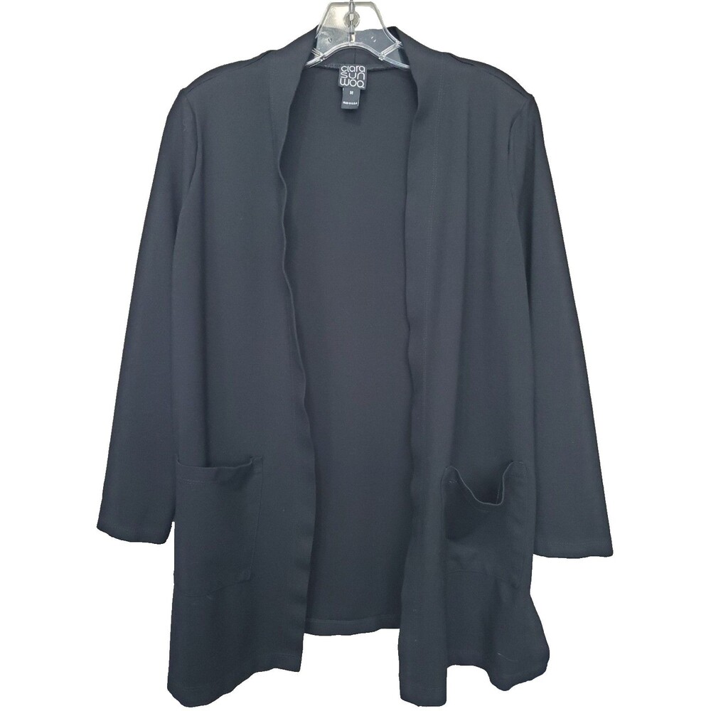 Clara Sun Woo Black Jersey Knit Open Front Cardigan with Pockets Size Medium